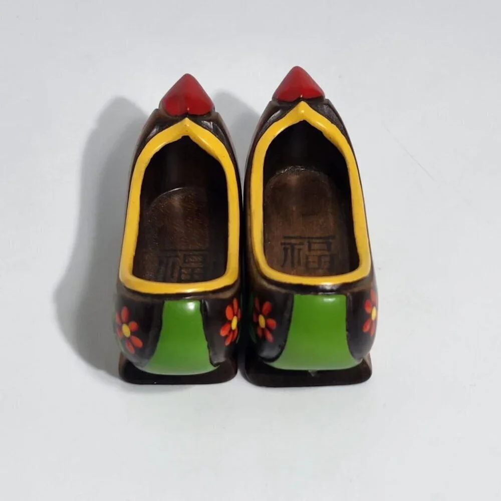 Miniature Hand Painted Vintage Wooden Clogs With Floral Design Red Tips Pair